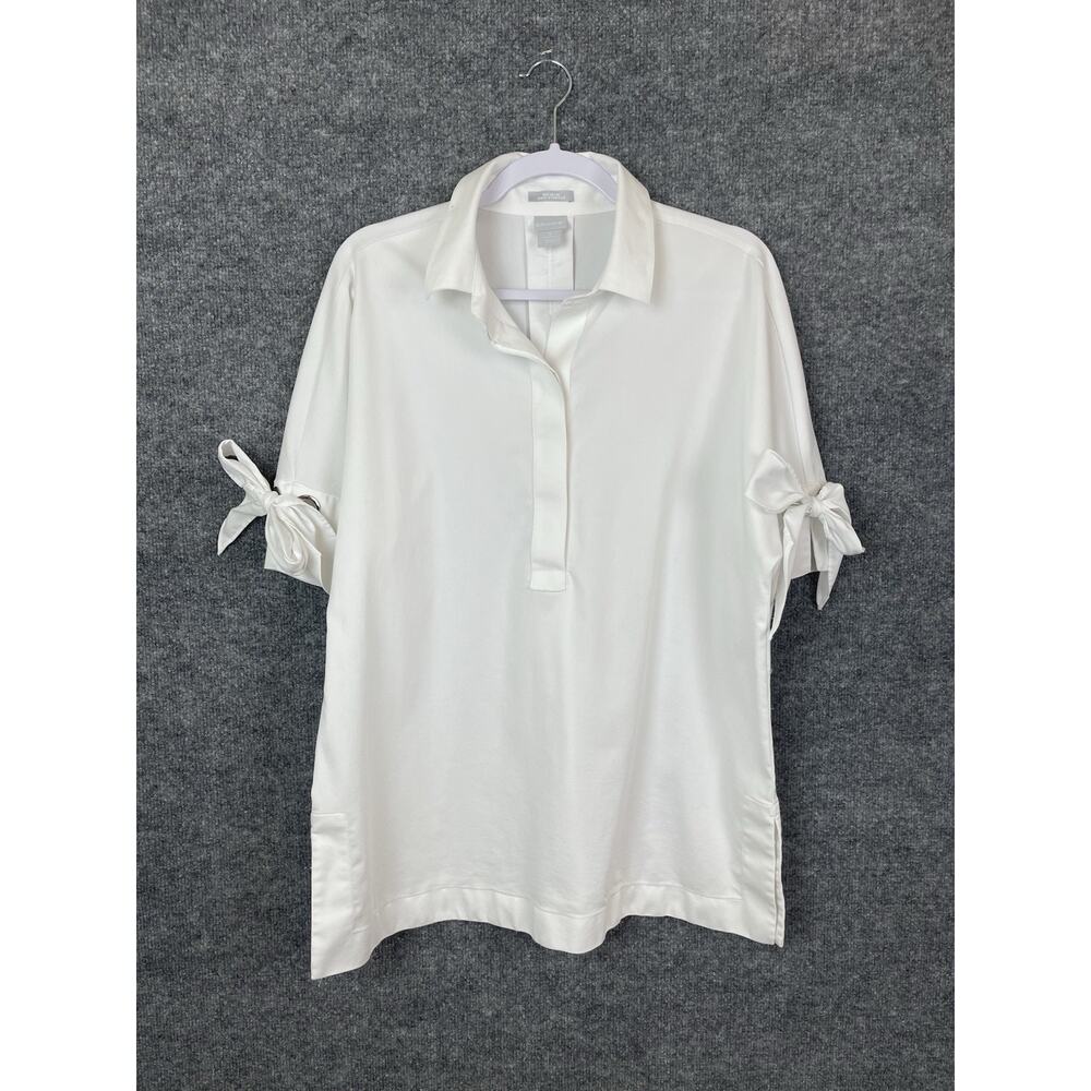 Chico's Top Women's 2 (US 12) White Quarter Button Short Sleeve with Bows‎